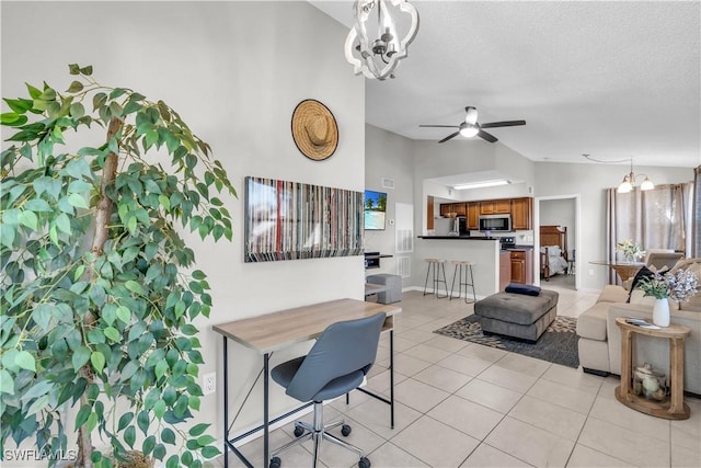 12520 Equestrian Cir Unit 310, Fort Myers, FL 33907 - office space with a chandelier, a ceiling fan, light tile patterned floors, vaulted ceiling, and a textured ceiling