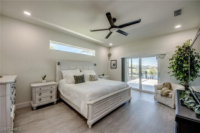 3621 NW 14th St, Cape Coral, FL 33993 - bedroom featuring access to exterior, recessed lighting, light wood-style floors, and ceiling fan