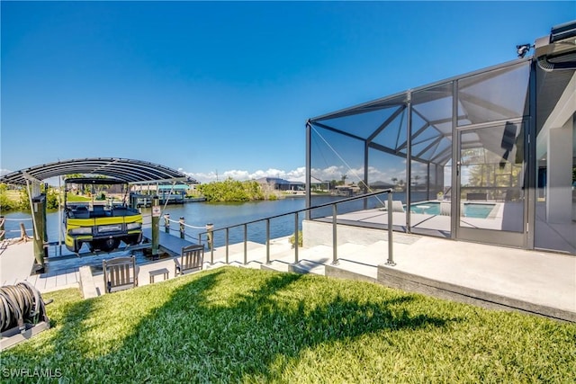 3621 NW 14th St, Cape Coral, FL 33993 - outdoor pool featuring a patio area, a yard, a dock, a water view, and a lanai