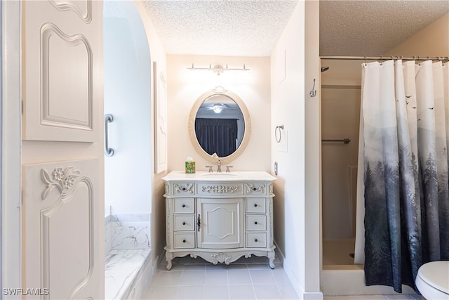 19703 Eagle Trace Ct, North Fort Myers, FL 33903 - full bathroom with vanity, curtained shower, a textured ceiling, and tile patterned flooring