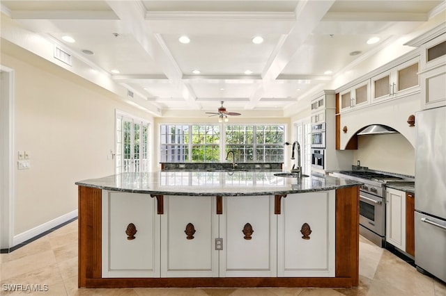 5697 Bay Point Rd, Bokeelia, FL 33922 - kitchen with stainless steel appliances, a sink, recessed lighting, a large island, and healthy amount of natural light