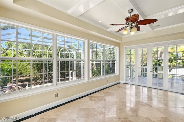 5697 Bay Point Rd, Bokeelia, FL 33922 - unfurnished sunroom with plenty of natural light, french doors, crown molding, baseboards, and coffered ceiling