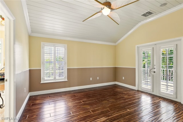 5697 Bay Point Rd, Bokeelia, FL 33922 - empty room featuring hardwood / wood-style flooring, a ceiling fan, a wainscoted wall, lofted ceiling, and crown molding