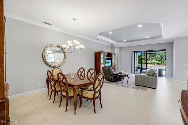 8396 Promoso Ct, Naples, FL 34114 - dining room featuring a chandelier, a raised ceiling, baseboards, recessed lighting, and light tile patterned floors