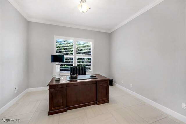 8396 Promoso Ct, Naples, FL 34114 - office with crown molding, baseboards, and light tile patterned flooring