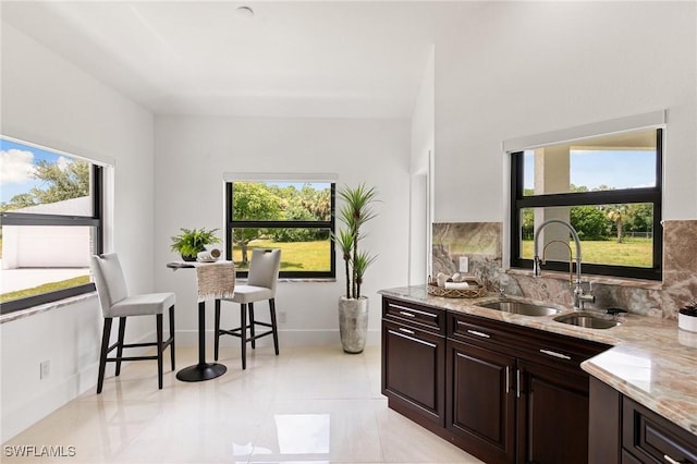 221 10th St SE, Naples, FL 34117 - kitchen with a sink, light stone countertops, dark brown cabinetry, tasteful backsplash, and baseboards