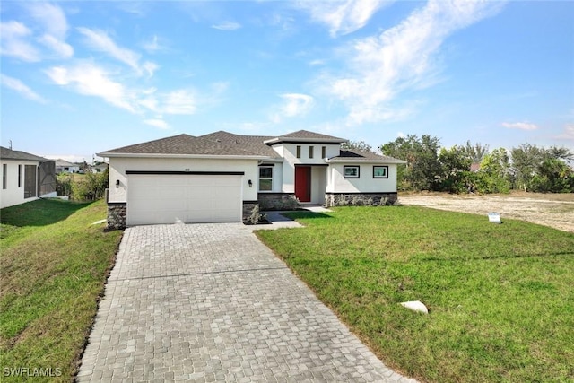 1414 NE 6th Ave, Cape Coral, FL 33909 - prairie-style home with stucco siding, a garage, stone siding, and decorative driveway