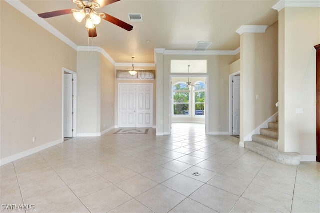 6140 River Shore Ct, North Fort Myers, FL 33917 - unfurnished living room featuring light tile patterned floors, a ceiling fan, crown molding, stairway, and baseboards