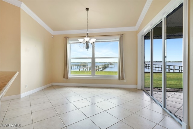 6140 River Shore Ct, North Fort Myers, FL 33917 - unfurnished dining area with a water view, a chandelier, baseboards, ornamental molding, and light tile patterned flooring