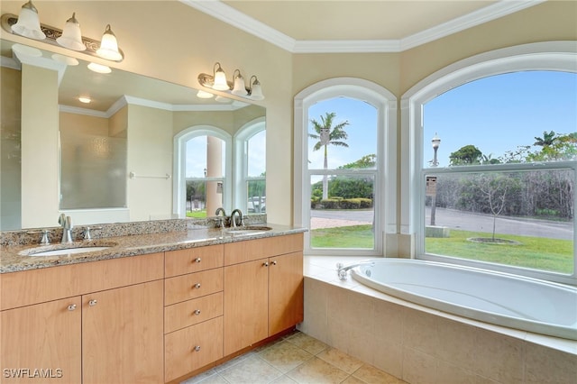 6140 River Shore Ct, North Fort Myers, FL 33917 - bathroom featuring double vanity, plenty of natural light, a bath, and ornamental molding