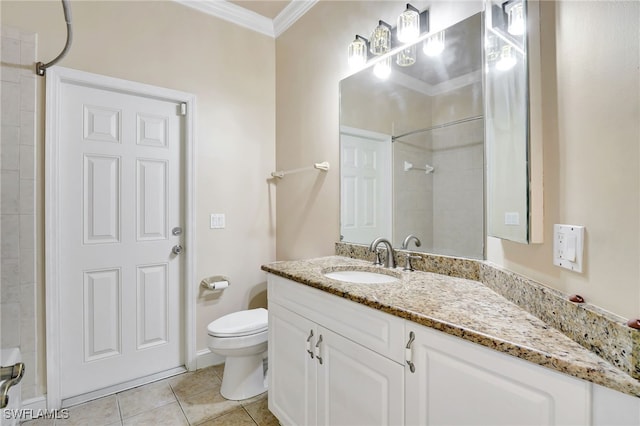 6140 River Shore Ct, North Fort Myers, FL 33917 - bathroom featuring ornamental molding, toilet, tiled shower, vanity, and tile patterned floors