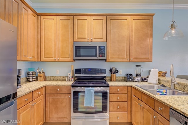 8163 Bibiana Way Unit 301, Fort Myers, FL 33912 - kitchen with stainless steel appliances, a sink, crown molding, hanging light fixtures, and light stone counters