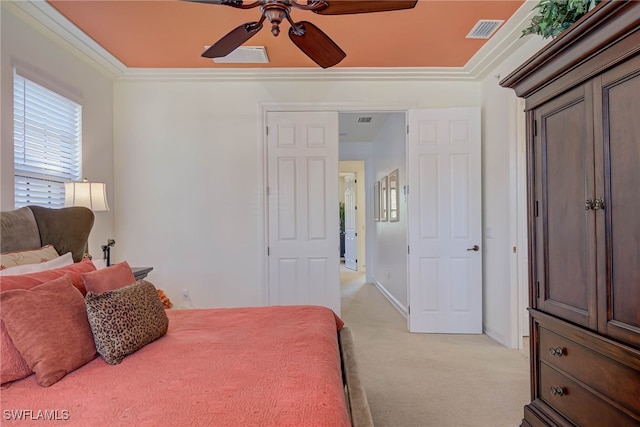 8163 Bibiana Way Unit 301, Fort Myers, FL 33912 - bedroom featuring light colored carpet, ornamental molding, ceiling fan, and baseboards