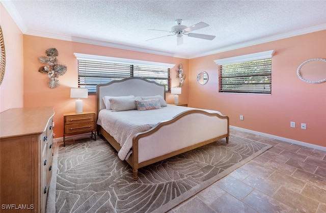 3586 Santiago Way, Naples, FL 34105 - bedroom featuring stone finish flooring, crown molding, baseboards, a textured ceiling, and a ceiling fan