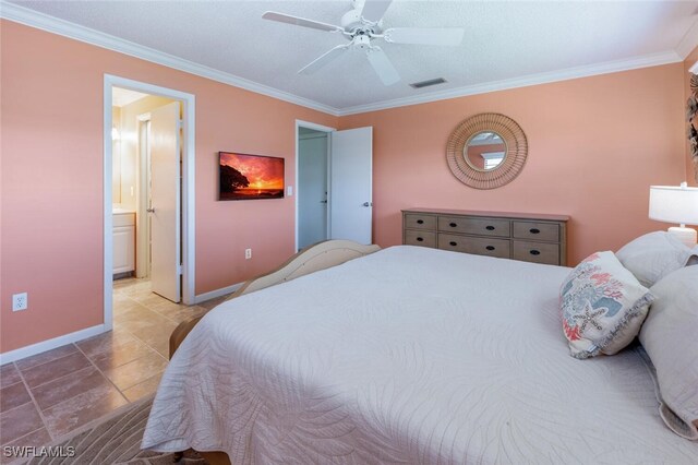 3586 Santiago Way, Naples, FL 34105 - bedroom featuring crown molding, baseboards, ensuite bath, and ceiling fan
