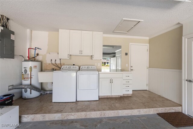 3586 Santiago Way, Naples, FL 34105 - clothes washing area with cabinet space, water heater, washer and dryer, electric panel, and ornamental molding