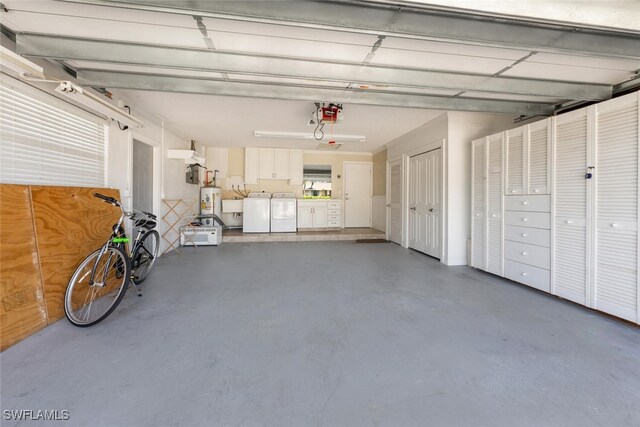 3586 Santiago Way, Naples, FL 34105 - garage with washer and clothes dryer, a garage door opener, and water heater