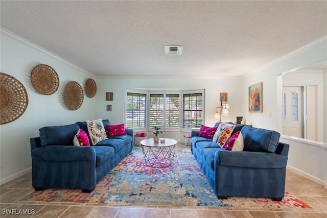 3586 Santiago Way, Naples, FL 34105 - living room featuring crown molding, a textured ceiling, and baseboards