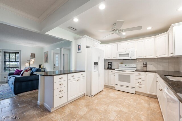 3586 Santiago Way, Naples, FL 34105 - kitchen featuring white appliances, open floor plan, crown molding, a ceiling fan, and white cabinets