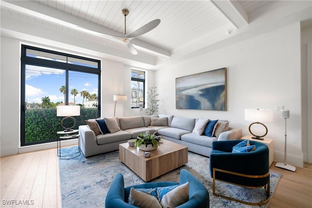 875 6th Ave S Unit 304, Naples, FL 34102 - living room with light wood-style flooring, beam ceiling, wood ceiling, a ceiling fan, and baseboards
