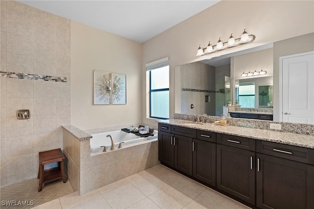 4382 Caldera Cir, Naples, FL 34119 - full bathroom with vanity, a bath, walk in shower, and tile patterned floors