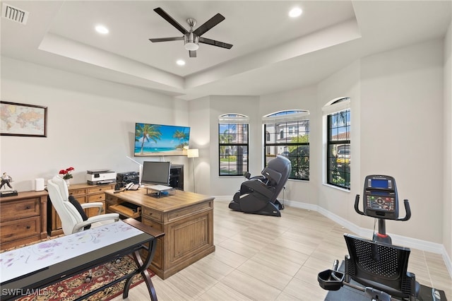 4382 Caldera Cir, Naples, FL 34119 - office area with a ceiling fan, a raised ceiling, healthy amount of natural light, recessed lighting, and baseboards