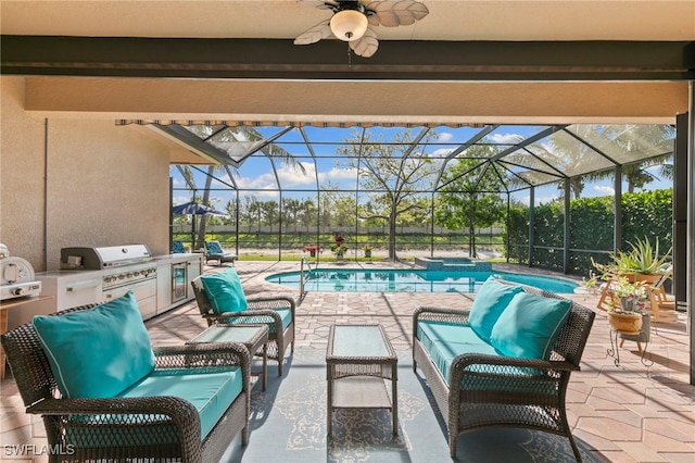 4382 Caldera Cir, Naples, FL 34119 - view of patio / terrace featuring glass enclosure, a ceiling fan, a pool with connected hot tub, and an outdoor living space