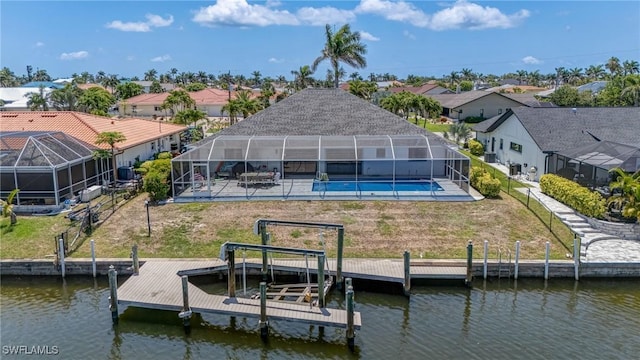 5233 SW 11th Ct, Cape Coral, FL 33914 - dock area featuring a water view, a residential view, a patio, an outdoor pool, and a lanai