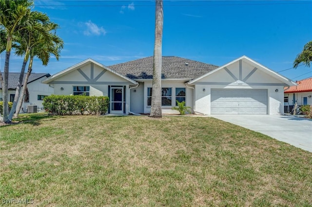 5233 SW 11th Ct, Cape Coral, FL 33914 - single story home with stucco siding, a garage, driveway, a front lawn, and central AC unit
