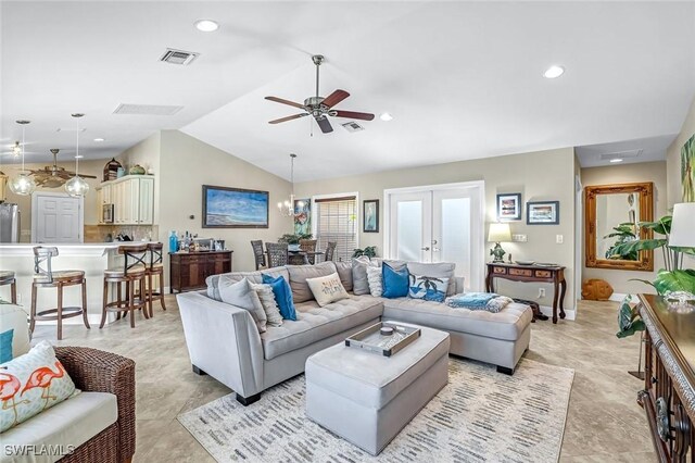 815 Rose Ct, Marco Island, FL 34145 - living room featuring vaulted ceiling, ceiling fan, recessed lighting, and french doors