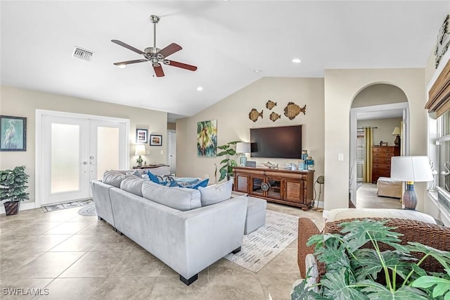 815 Rose Ct, Marco Island, FL 34145 - living area featuring ceiling fan, lofted ceiling, french doors, baseboards, and arched walkways