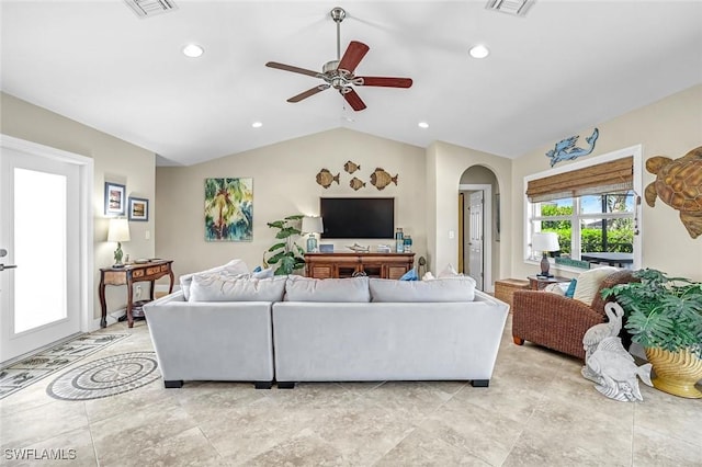 815 Rose Ct, Marco Island, FL 34145 - living area with arched walkways, lofted ceiling, a ceiling fan, recessed lighting, and light tile patterned floors