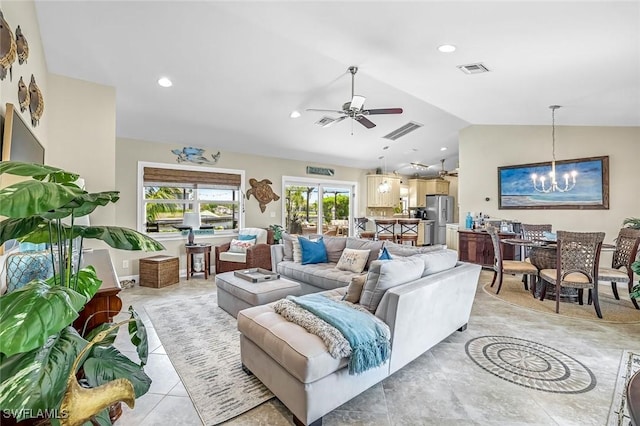 815 Rose Ct, Marco Island, FL 34145 - living room with a chandelier, lofted ceiling, ceiling fan, recessed lighting, and light tile patterned floors