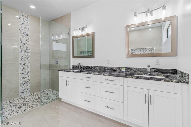 206 Jack Ave N, Lehigh Acres, FL 33971 - full bath with a stall shower, double vanity, recessed lighting, and marble finish flooring