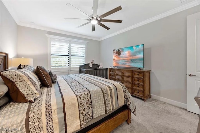 10367 Ventana Ln, Naples, FL 34120 - bedroom featuring ornamental molding, light carpet, baseboards, and a ceiling fan
