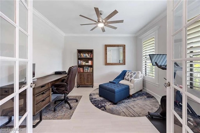 10367 Ventana Ln, Naples, FL 34120 - office featuring french doors, crown molding, and a ceiling fan