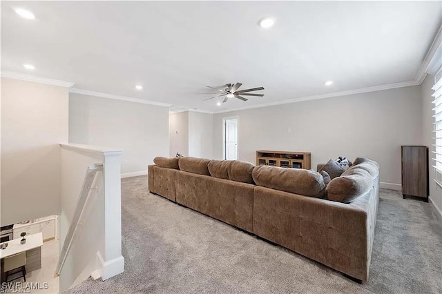 10367 Ventana Ln, Naples, FL 34120 - living room featuring carpet flooring, recessed lighting, baseboards, a ceiling fan, and ornamental molding