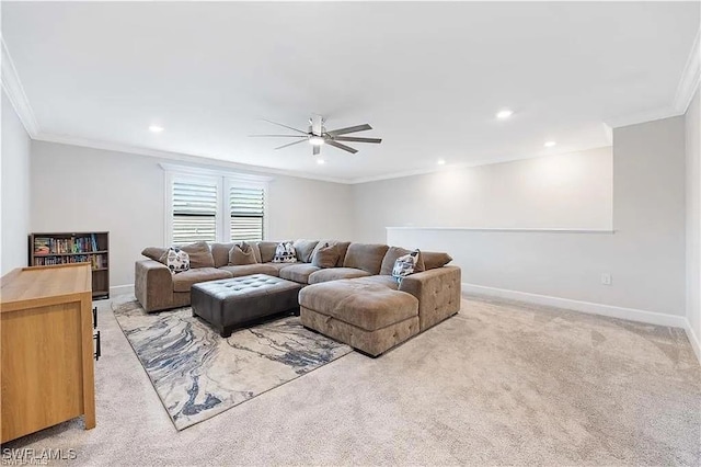 10367 Ventana Ln, Naples, FL 34120 - living area featuring ceiling fan, ornamental molding, light colored carpet, recessed lighting, and baseboards