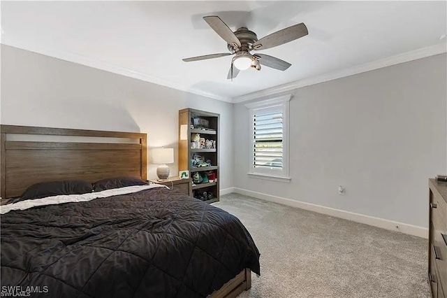 10367 Ventana Ln, Naples, FL 34120 - bedroom featuring light carpet, baseboards, ornamental molding, and ceiling fan