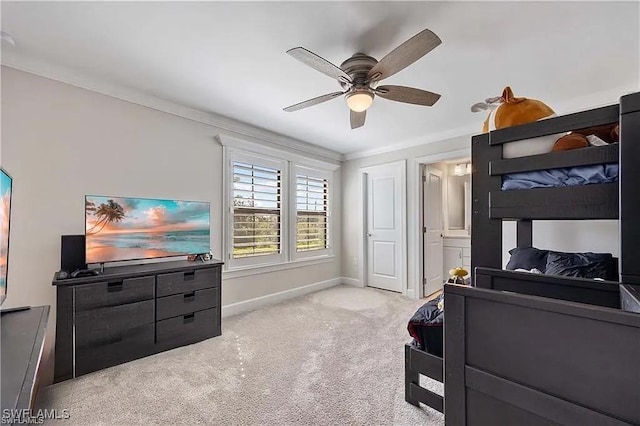10367 Ventana Ln, Naples, FL 34120 - bedroom featuring light carpet, baseboards, crown molding, and a ceiling fan