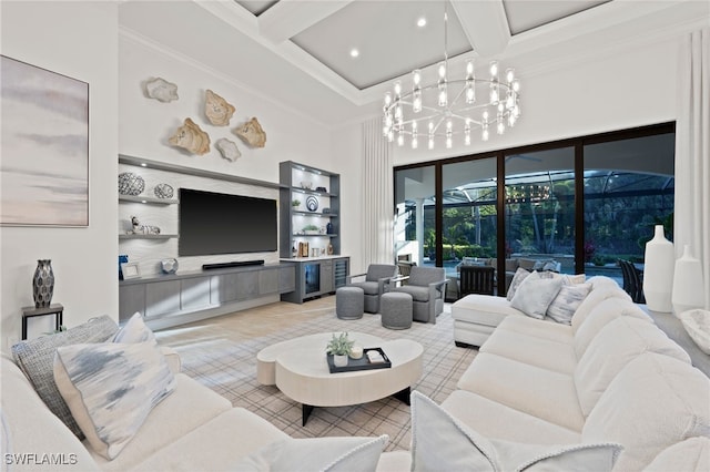 4249 Deephaven Ln, Naples, FL 34119 - living room with coffered ceiling, a high ceiling, a chandelier, beam ceiling, and built in shelves
