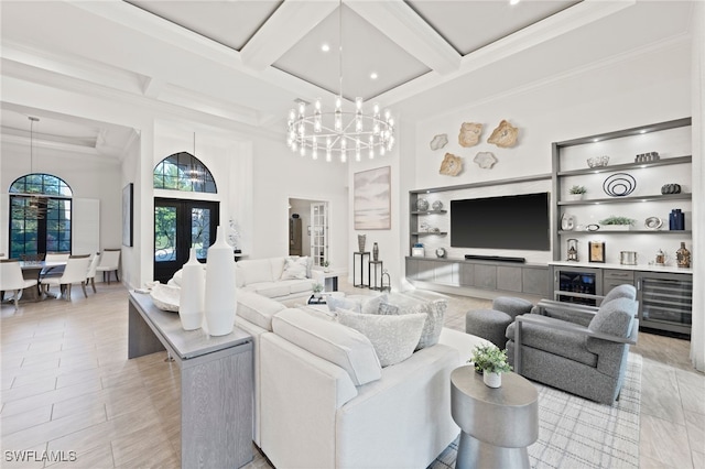 4249 Deephaven Ln, Naples, FL 34119 - living room featuring wine cooler, a chandelier, crown molding, coffered ceiling, and beamed ceiling