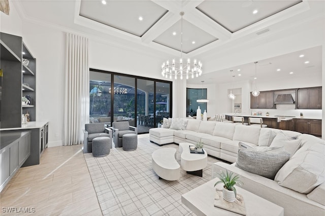 4249 Deephaven Ln, Naples, FL 34119 - living area with a high ceiling, a chandelier, ornamental molding, coffered ceiling, and recessed lighting