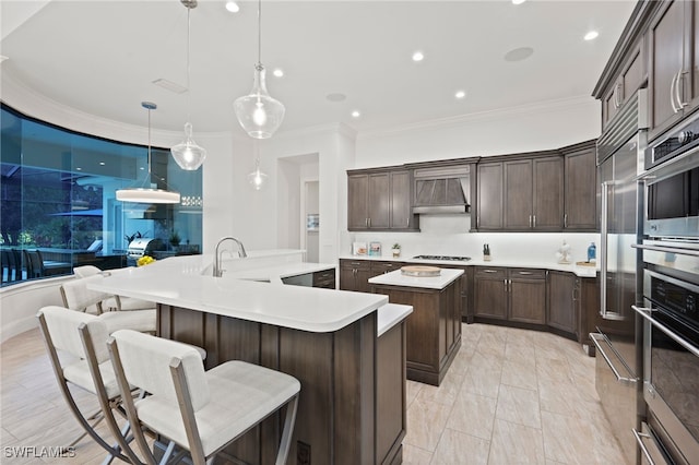 4249 Deephaven Ln, Naples, FL 34119 - kitchen featuring a large island with sink, a sink, crown molding, dark brown cabinets, and light countertops