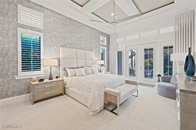 4249 Deephaven Ln, Naples, FL 34119 - carpeted bedroom with access to outside, french doors, coffered ceiling, baseboards, and beam ceiling