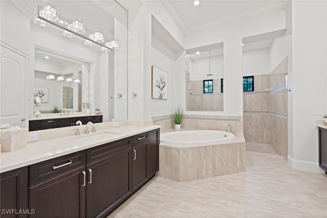 4249 Deephaven Ln, Naples, FL 34119 - bathroom with walk in shower, crown molding, a bath, vanity, and recessed lighting