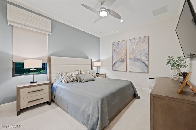 4249 Deephaven Ln, Naples, FL 34119 - bedroom featuring light carpet, ornamental molding, baseboards, a ceiling fan, and recessed lighting