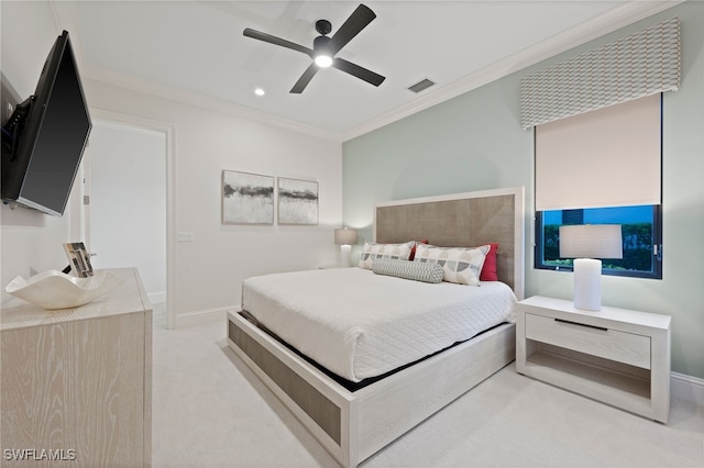 4249 Deephaven Ln, Naples, FL 34119 - bedroom featuring light colored carpet, crown molding, baseboards, ceiling fan, and recessed lighting
