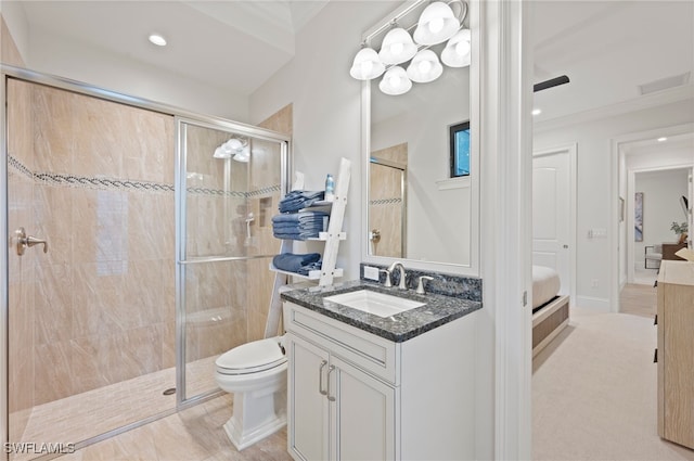 4249 Deephaven Ln, Naples, FL 34119 - full bathroom with a stall shower, crown molding, vanity, toilet, and recessed lighting