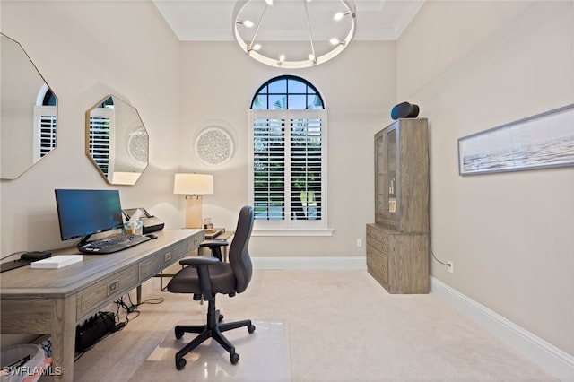 4249 Deephaven Ln, Naples, FL 34119 - carpeted office featuring crown molding, baseboards, and a chandelier